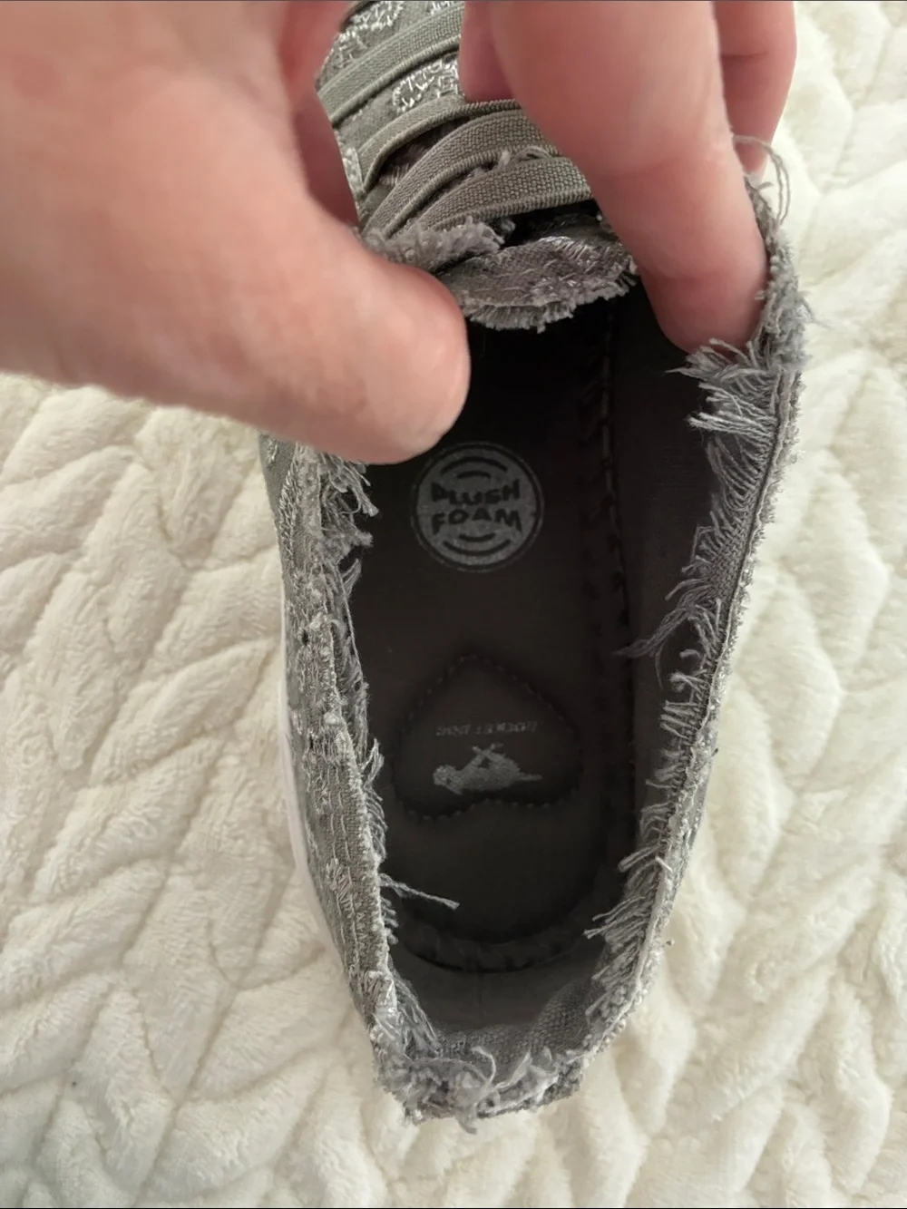 Lush Gray Frayed Slip-On Sneakers with Elastic Straps